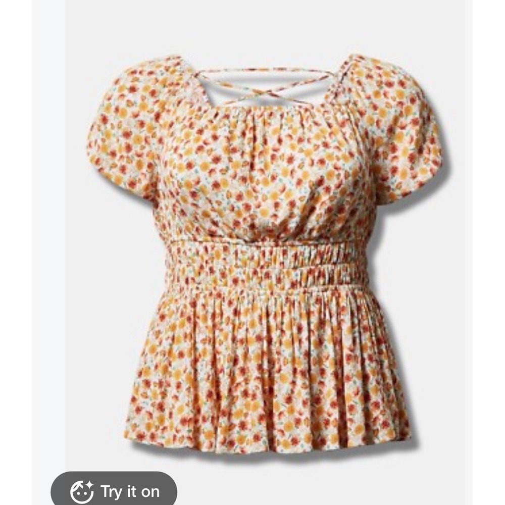 Torrid Floral Smocked Peplum Top Orange Yellow Lace Up 2xl Plus Blouse boho y2k